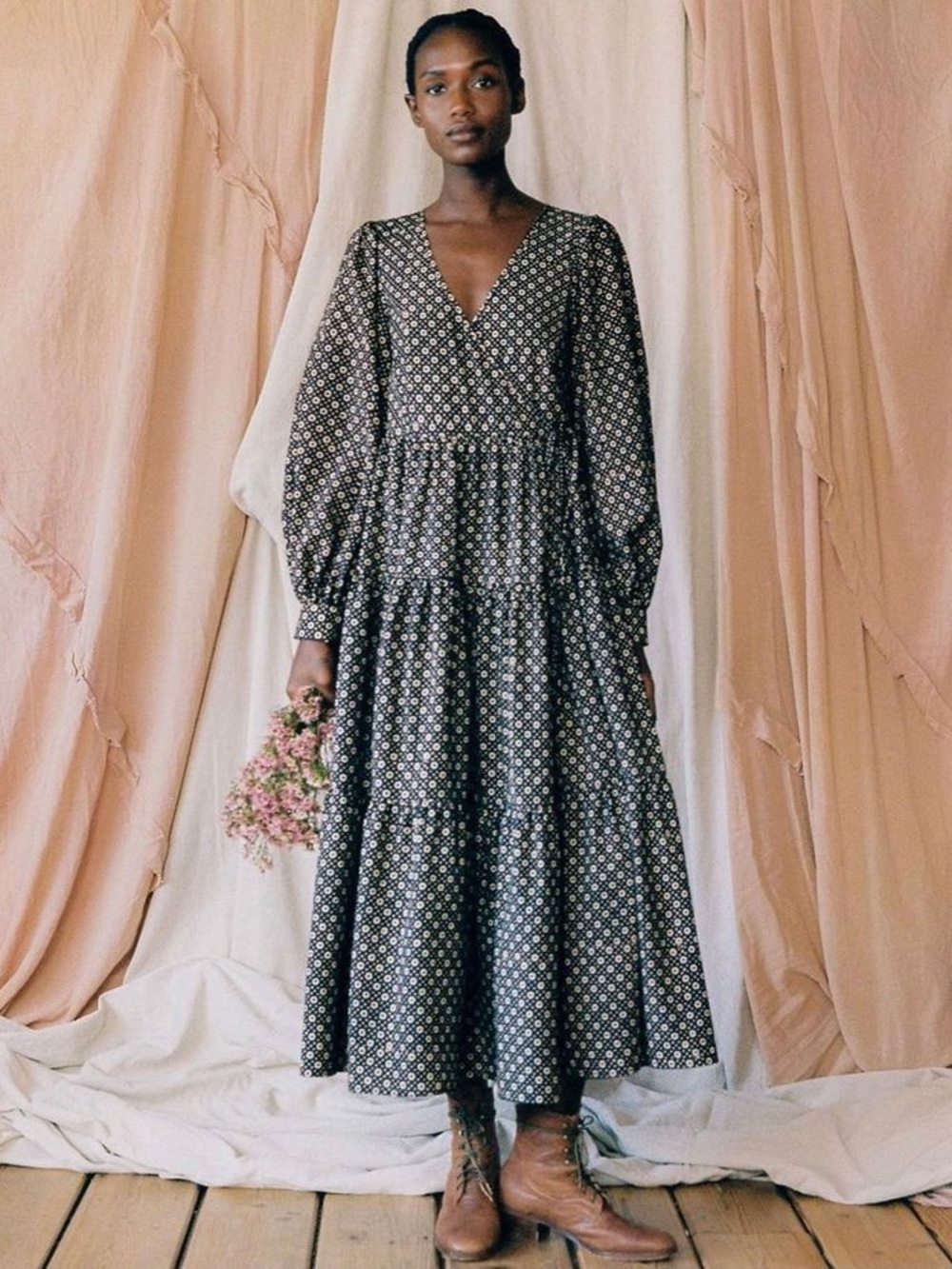 Christy Dawn Martina Black Floral Tiered V-Neck Wrap Maxi Dress